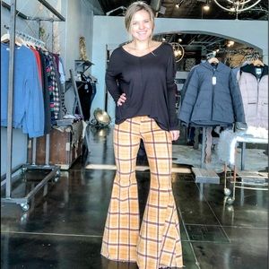 Free People Mustard Plaid Flare Wide Leg Jeans NWT